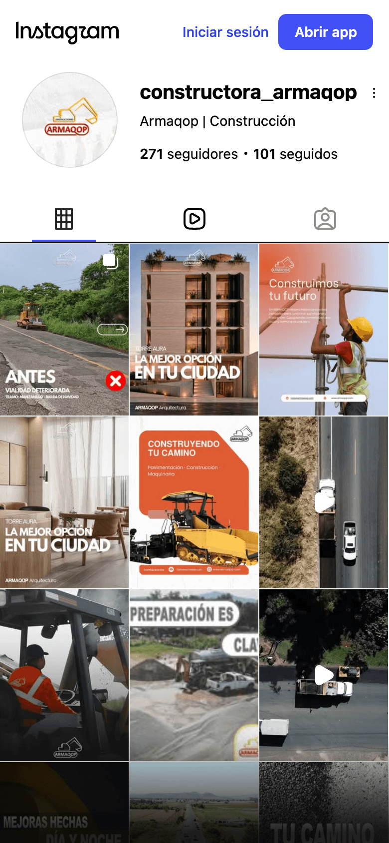 Perfil de Armaqop en Instagram (@constructora_armaqop), visto en el teléfono